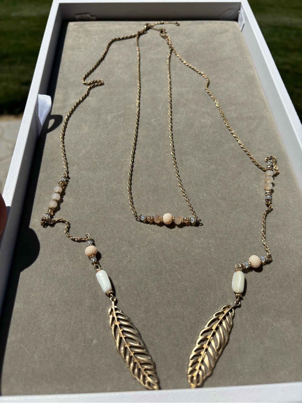 Gold Leaf Drop Layered Necklace with Beige Accents